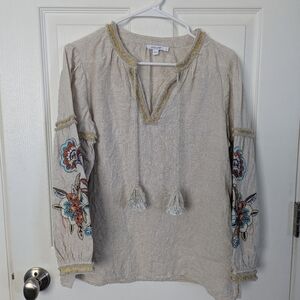 Embroidered Beige Top with Tassels